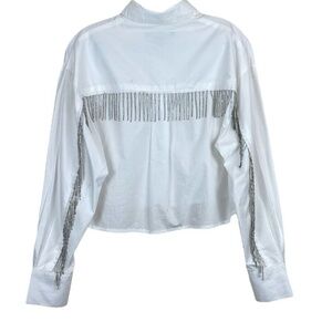 French Connection Crystal Fringe Alissa Cotton Cropped Shirt White XS